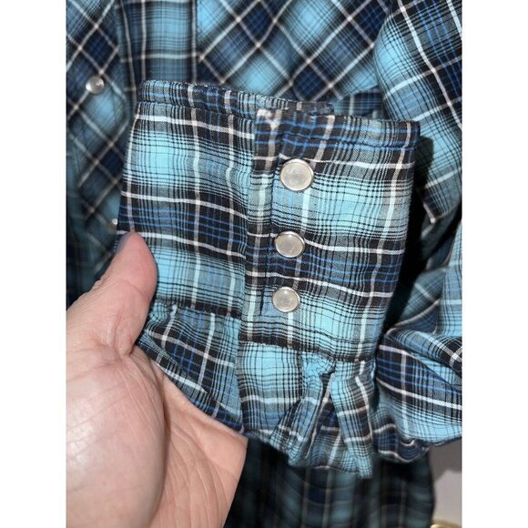 WRANGLER Western Pearl Snap Mens XL Blue Plaid Button Up Long Sleeve Shirt - Picture 4 of 6